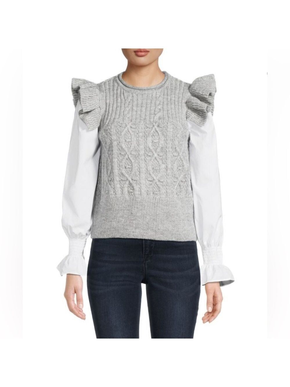 Design History 80s Retro Cable Knit Ruffled Shoulder Mixed Media Sweater Top L